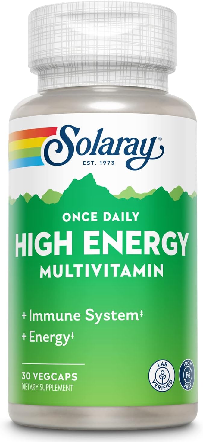 SOLARAY Once Daily High Energy Multivitamin, Iron Free, Immune System and Energy Support, Whole Food and Herb Base Ingredients, Mens and Womens Multi Vitamin (30 Servings, 30 VegCaps)