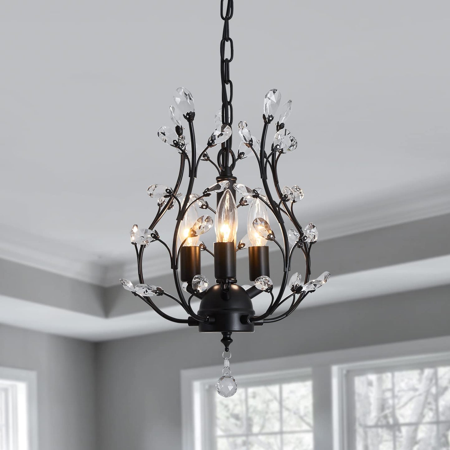 CVKASH 3-Light Branch Crystal Chandelier Flush Mount Lighting 11 Inch Metal Vintage Black W-2016 for Bedroom Dining Room Kitchen