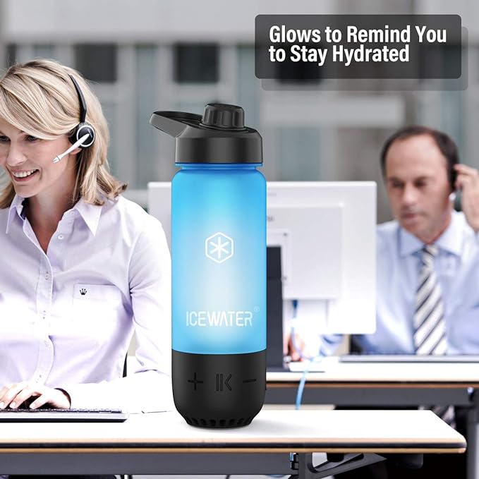 ICEWATER 3-in-1 Smart Water Bottle, Glows to Remind You to Keep Hydrated, Bluetooth Speaker & Dancing Lights, Plastic Water Bottle With Chug Lid, Great Birthday Gift (20 oz, Black)