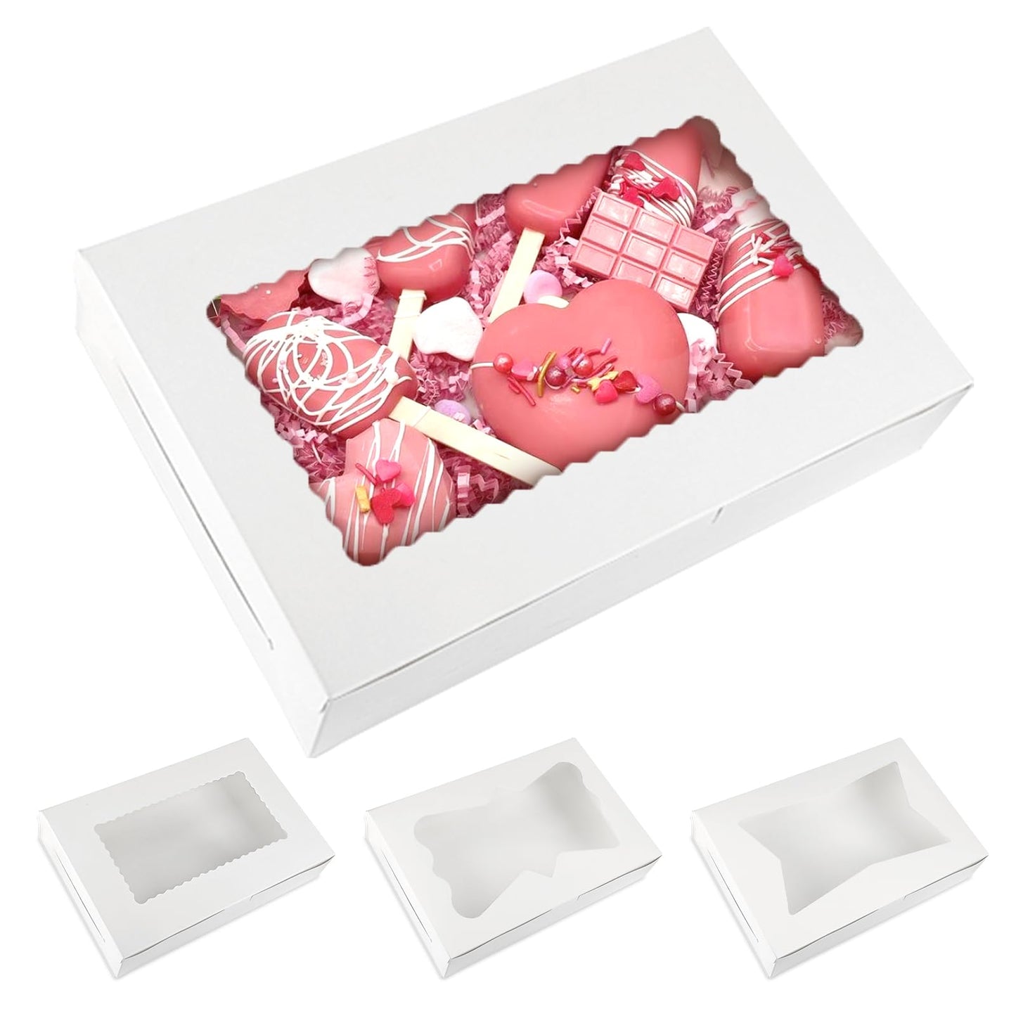 Moretoes 48pcs Bakery Boxes,12x8x2.5 Inches Cookie Boxes with 3 Style Window for Chocolate Covered Strawberries, Desserts, Cookies, with 4pcs Stickers