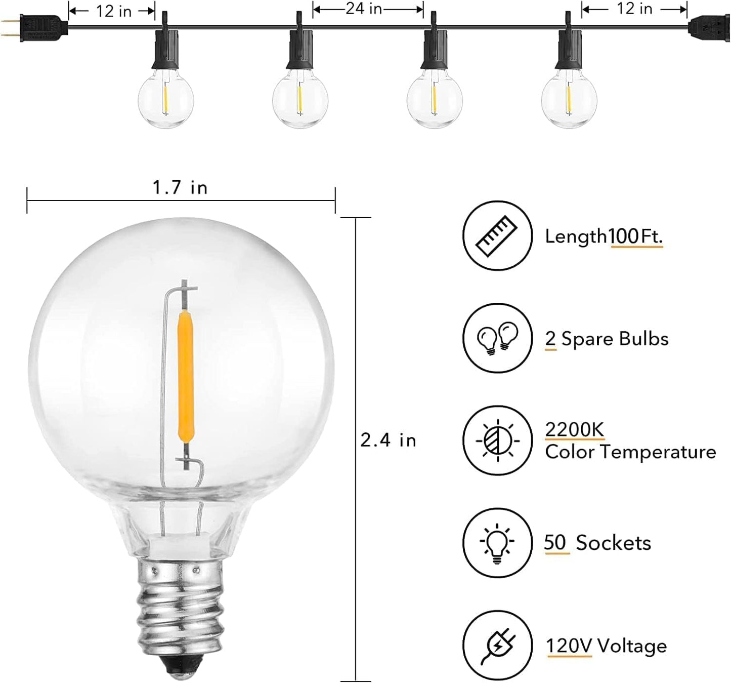 Brightown Outdoor String Lights - 100FT Patio Lights with 50 LED G40 Bulbs, All-Weatherproof, Black, Model GYPC-O50LAU