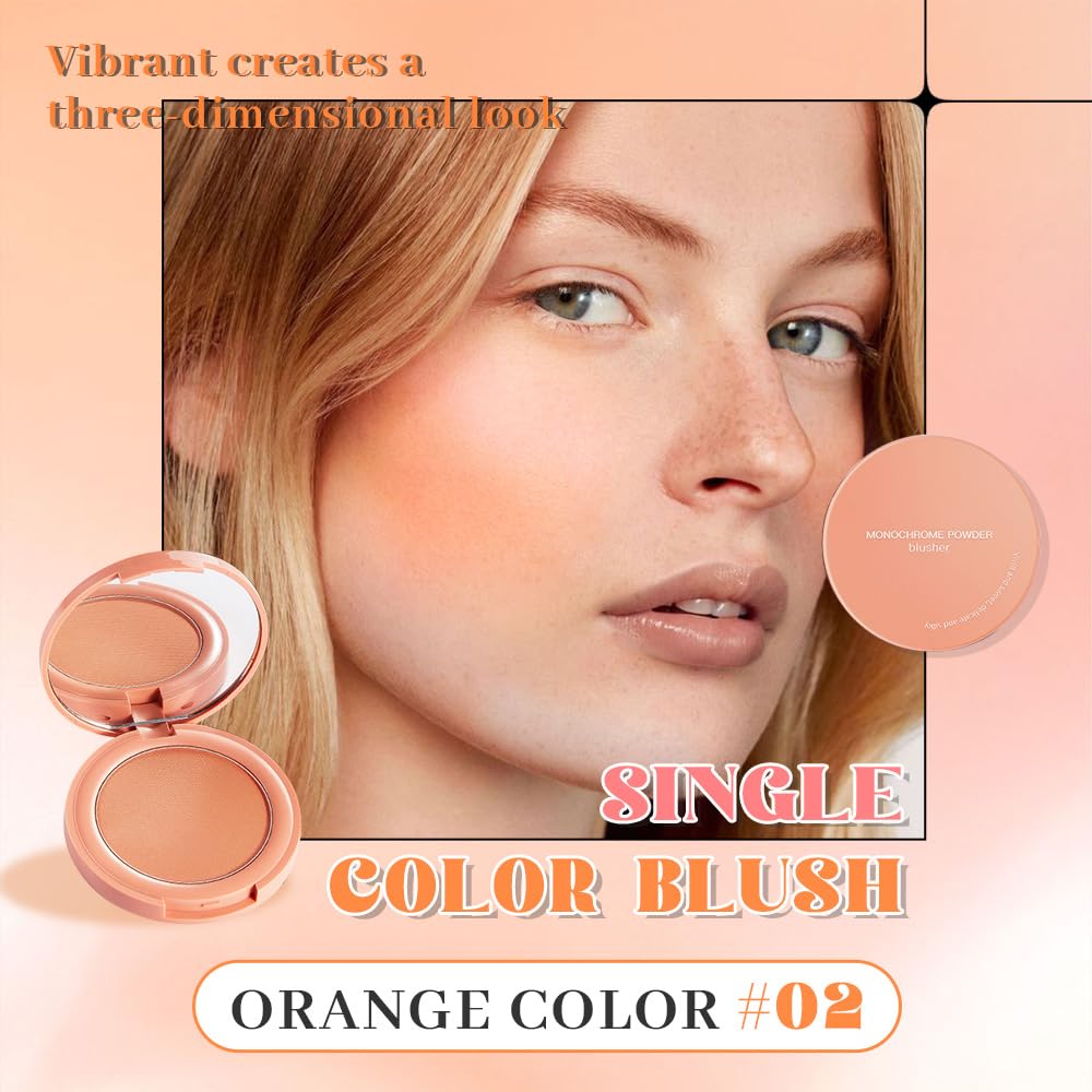 HHLTOH Warm Orange Powder Matte Blush with Mirror - Lightweight Smooth Blendable Baked Blush, Fade & Transfer-Resistant, Natural