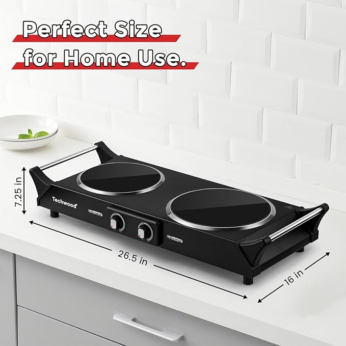 Hot Plate, Techwood 1800W Electric Stove, Countertop Double Burners for Cooking, Infrared Ceramic Dual Cooktops, Brushed Stainless Steel, Black