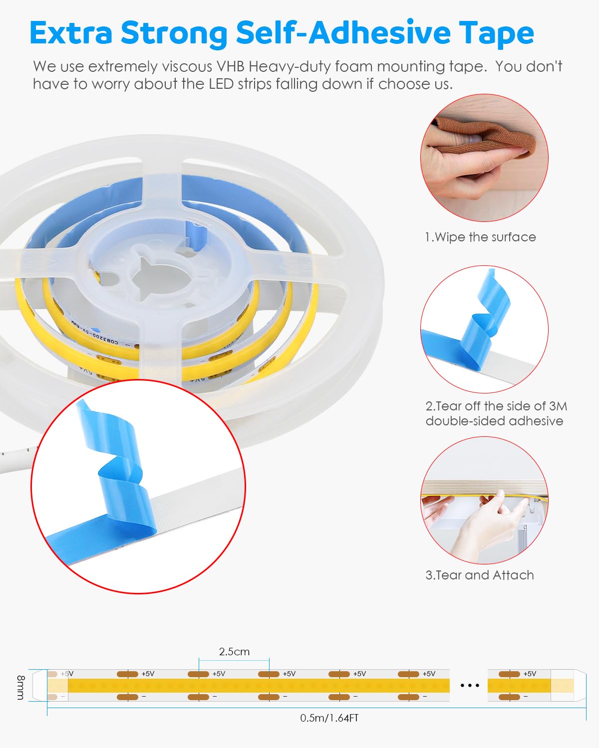 Aclorol Dc 5V Usb Cob Led Strip Light 1.64Ft/0.5M Dimmable Led Strip Light 3000K Warm White With 1.5M Long Power Cable Flexible For Bedroom Bedframe Headboard Kitchen Home Diy Lighting 320Leds/M