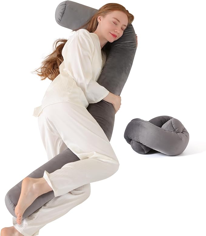 Long Body Pillow for Adults,Full Body Pillow with Velvet Pillowcase,Round Bolster Pillow for Sleeping,Hug Pillow(Gray,75×6 inch)