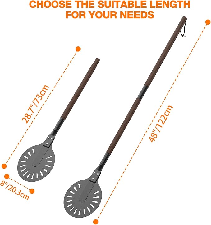 Mimiuo 8 Inch Metal Pizza Turning Peel with 48 Inch Long Wooden Handle, Aluminum Pizza Paddle for Oven and Grill, Outdoor Pizza Oven Accessories