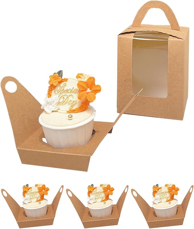 Bakepacker Auto-pop up Individual Cupcake Boxes with Window 25 Count Brown Single Cupcakes Box 3.7 x 3.7 x 4.3inch Cupcake Carrier