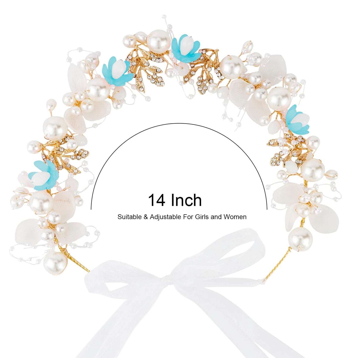 Didder Flower Headband Pearl Tiara and Crown for Women and Girls, Blue Maternity Photoshoot Rhinestone Headband Bridesmaid Weddi