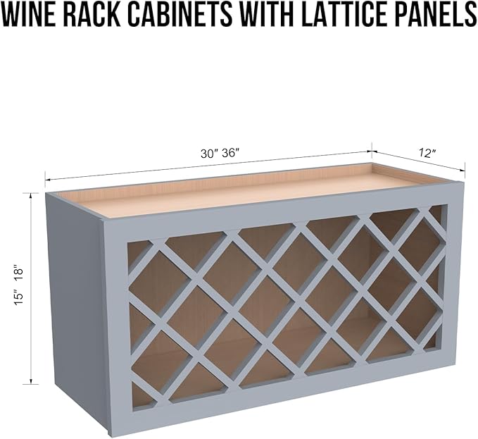 Solid Wood RTA Wine Bottle Rack Wall Cabinet with Lattice Panels Wine Holder Wine Storage Cabinet for Bar, Pantry, Wine Cellar Basement Countertop Mocha (Gray, 30”W × 12”D × 15”H), Sk-grey