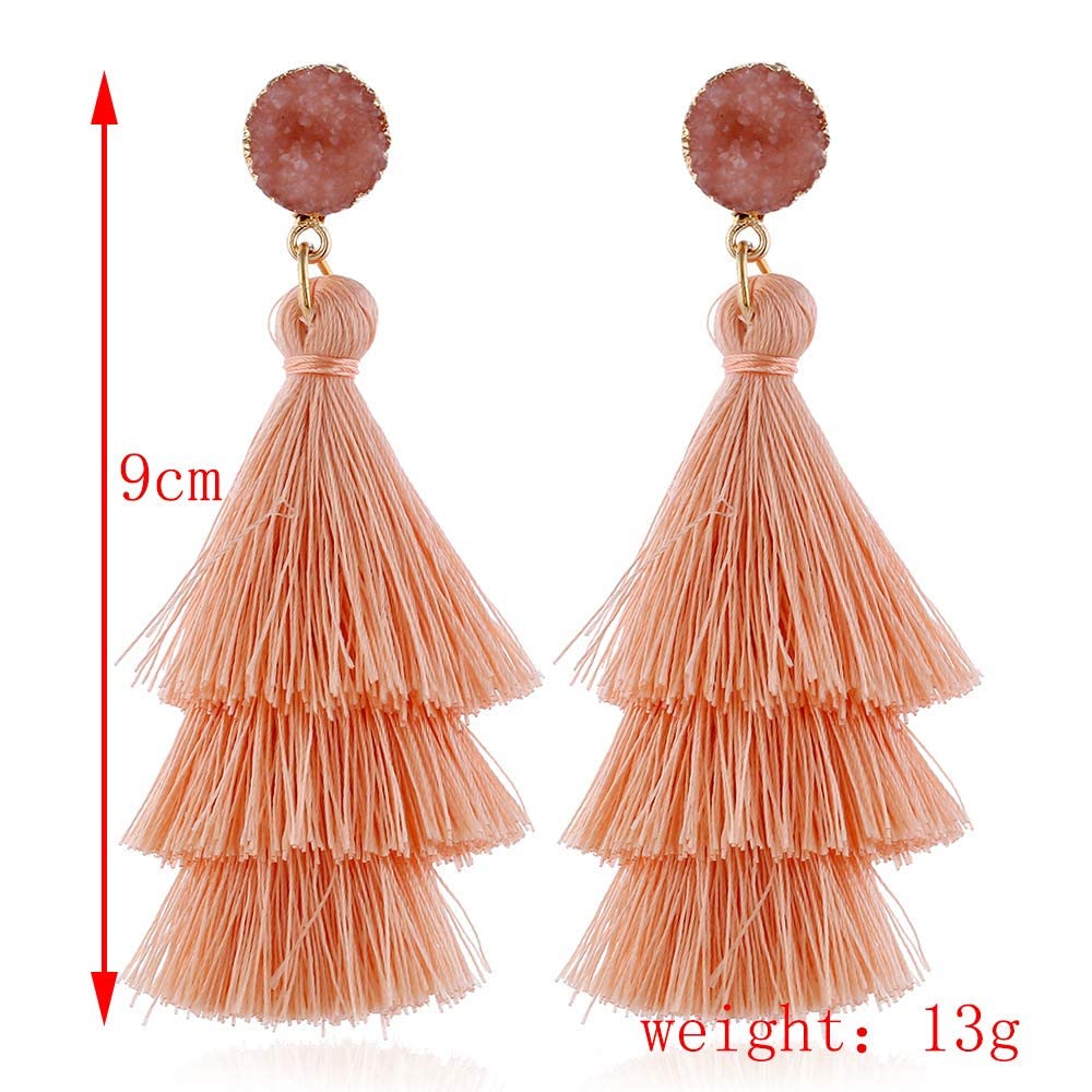 Boho Statement Tassel Earrings for Women Clip On Drop Earrings Feather Earrings Non Piercing Jewelry for Women Dangling Fringe E