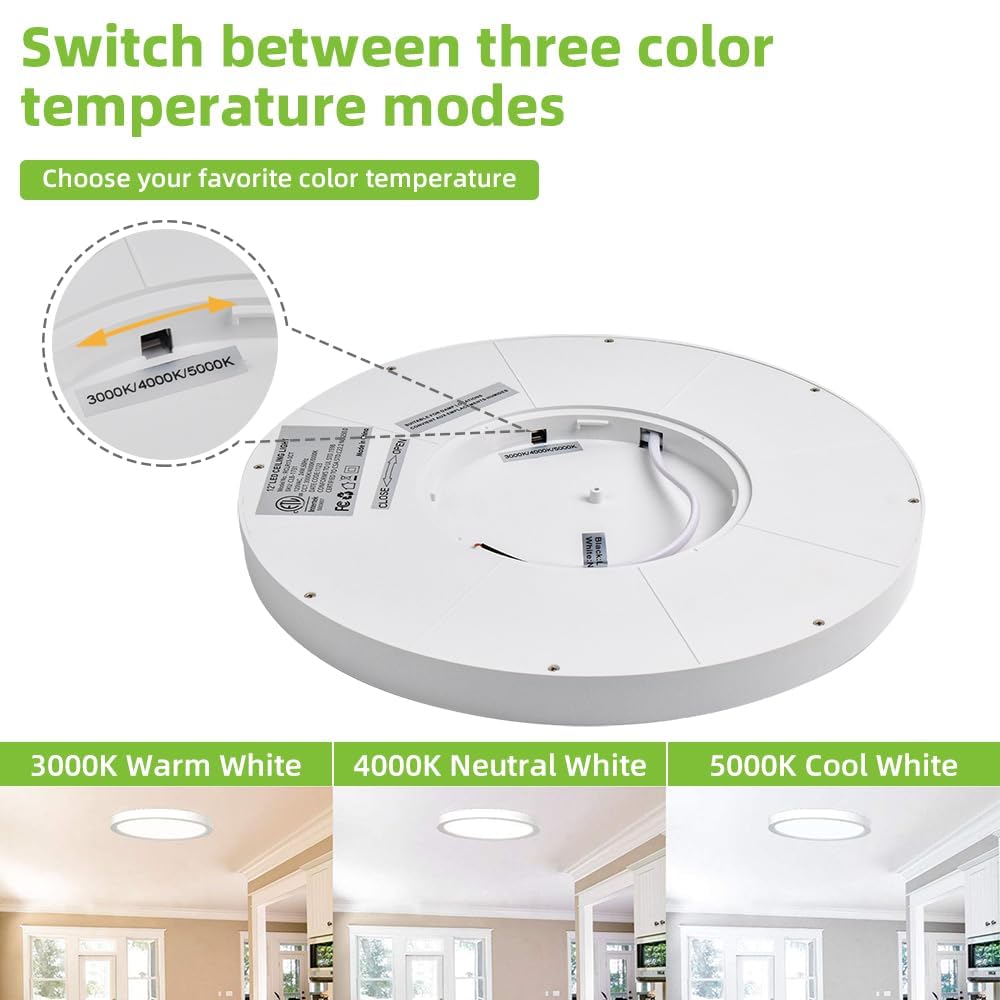 hykolity LED Round Flat Panel Light 12 Inch 24W Selectable CCT 3000K/4000K/5000K White R13-24WCCT-1