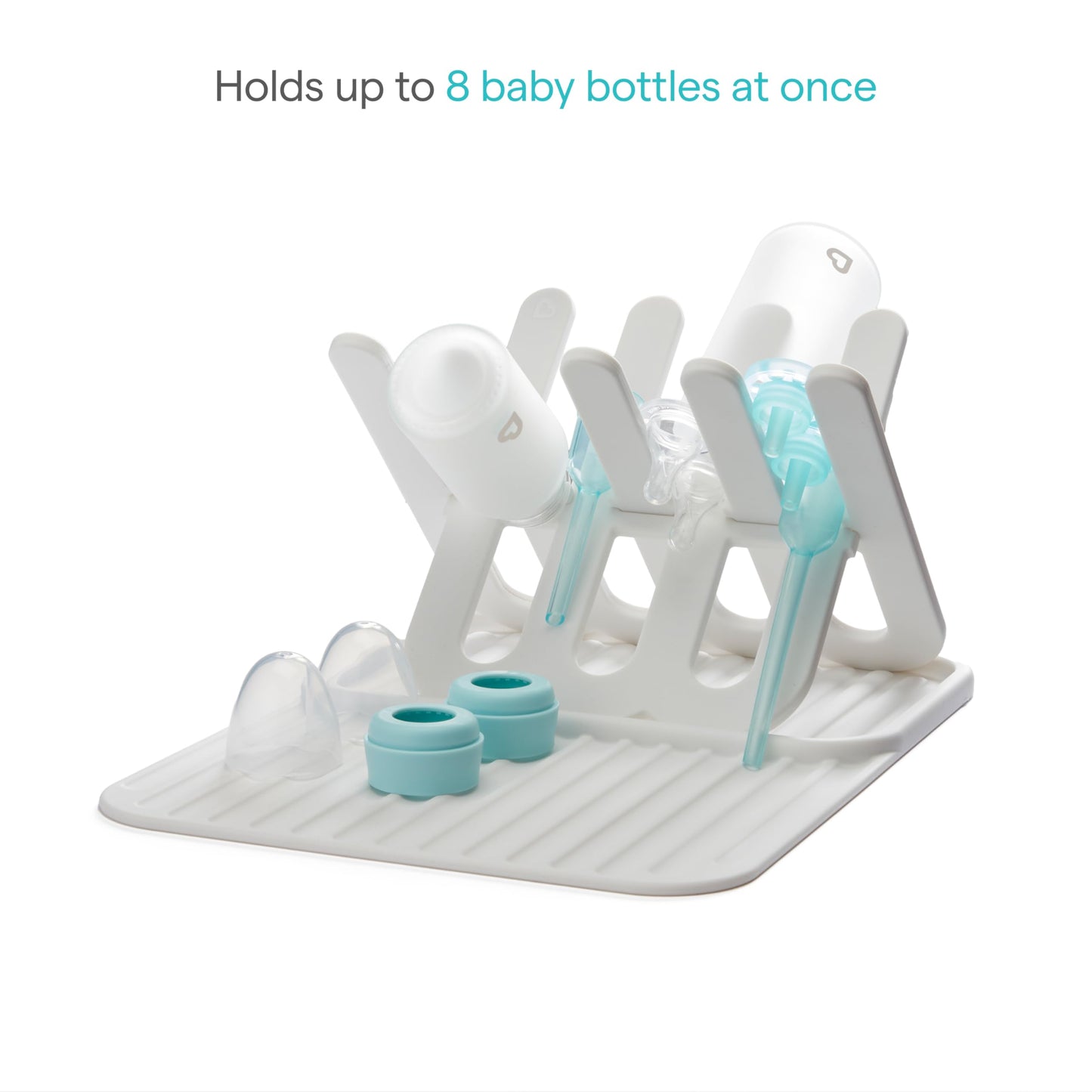 Munchkin Bottle Drying Rack and Mat, Holds 8 Bottles, Pump Parts, Pacifiers, & Accessories, Space Saving Folding Design, Home and Travel Use, Silicone, White