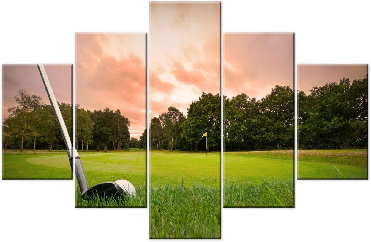 5 Pieces Canvas Wall Art Golf Course at Sunset Red Paintings for Living Room Green Lawn Pictures Modern Home Decor Rustic Artwork Gift Wooden Framed Ready to Hang Poster and Prints(60''W x 40''H)