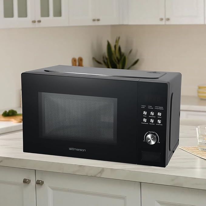 Emerson MW1101B Countertop Microwave Oven with Button Control, LED Display 1000W, 10 Power Levels, 6 Auto Menus, Glass Turntable and Child Safe Lock, 1.1 Cu. Ft., Black
