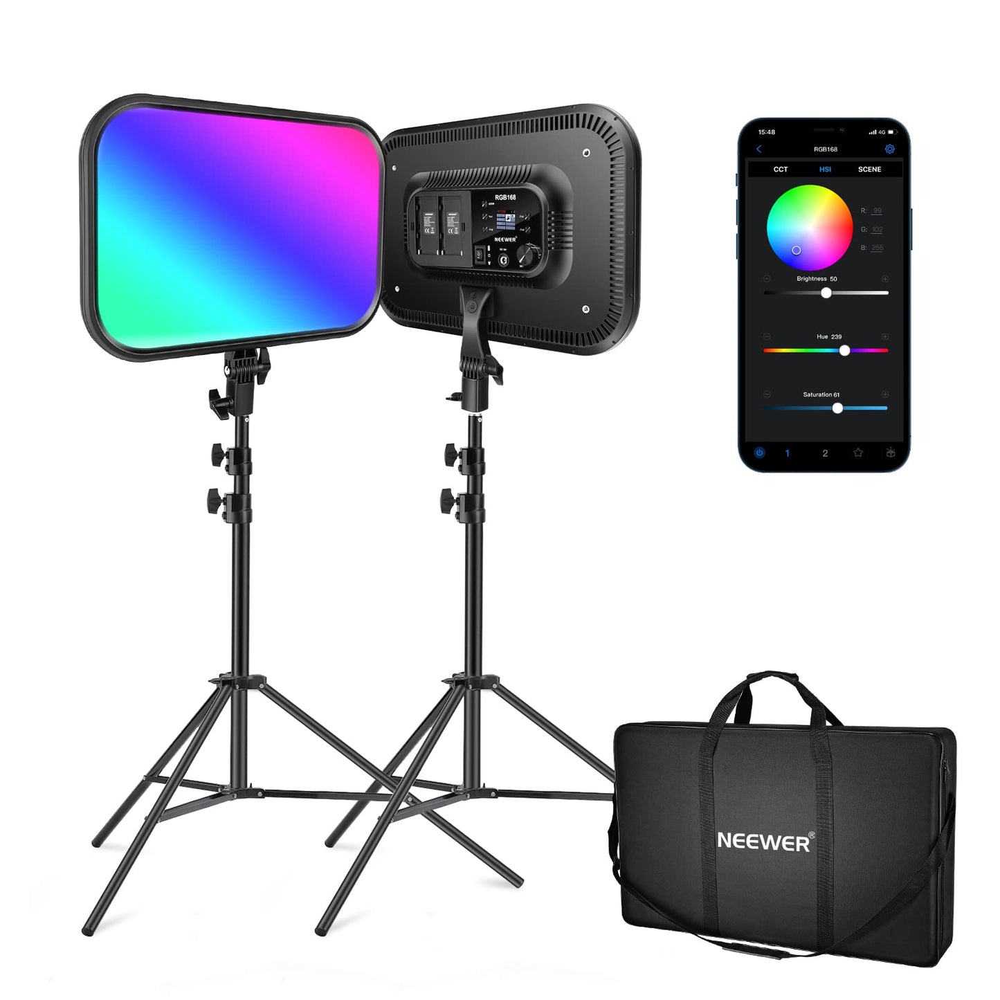 NEEWER RGB168 18.3" RGB LED Video Panel Light with App Control, 2 Pack Tripod Stand Kit, 60W/360° Full Color/2500~8500K/CRI97+, Studio Photography/YouTube Recording/Game Streaming Key Lighting