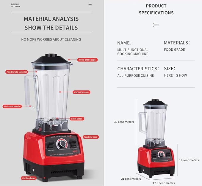 Professional Countertop 4500W Heavy-Duty Commercial Blender with Copper Motor, 2L BPA-Free Jar, Variable Speed & Pulse, Ice Crusher Smoothie Maker for Shakes, Frozen Drinks, Hot Soup – Red/Black