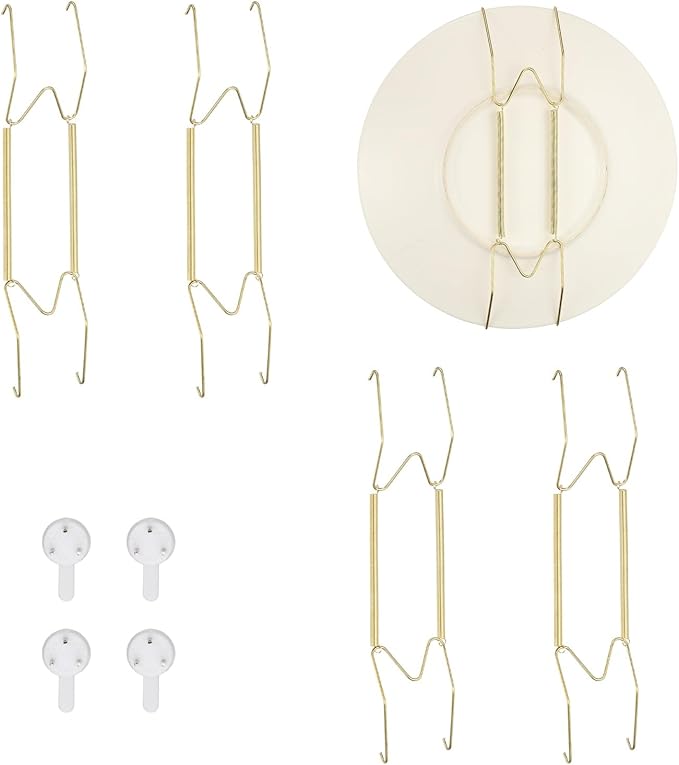 uxcell 4pcs Plate Hangers for the Wall, 12 Inches Stainless Steel Wire Plate Holders with Traceless Nail Displaying Plates Dish DIY Craft, Golden