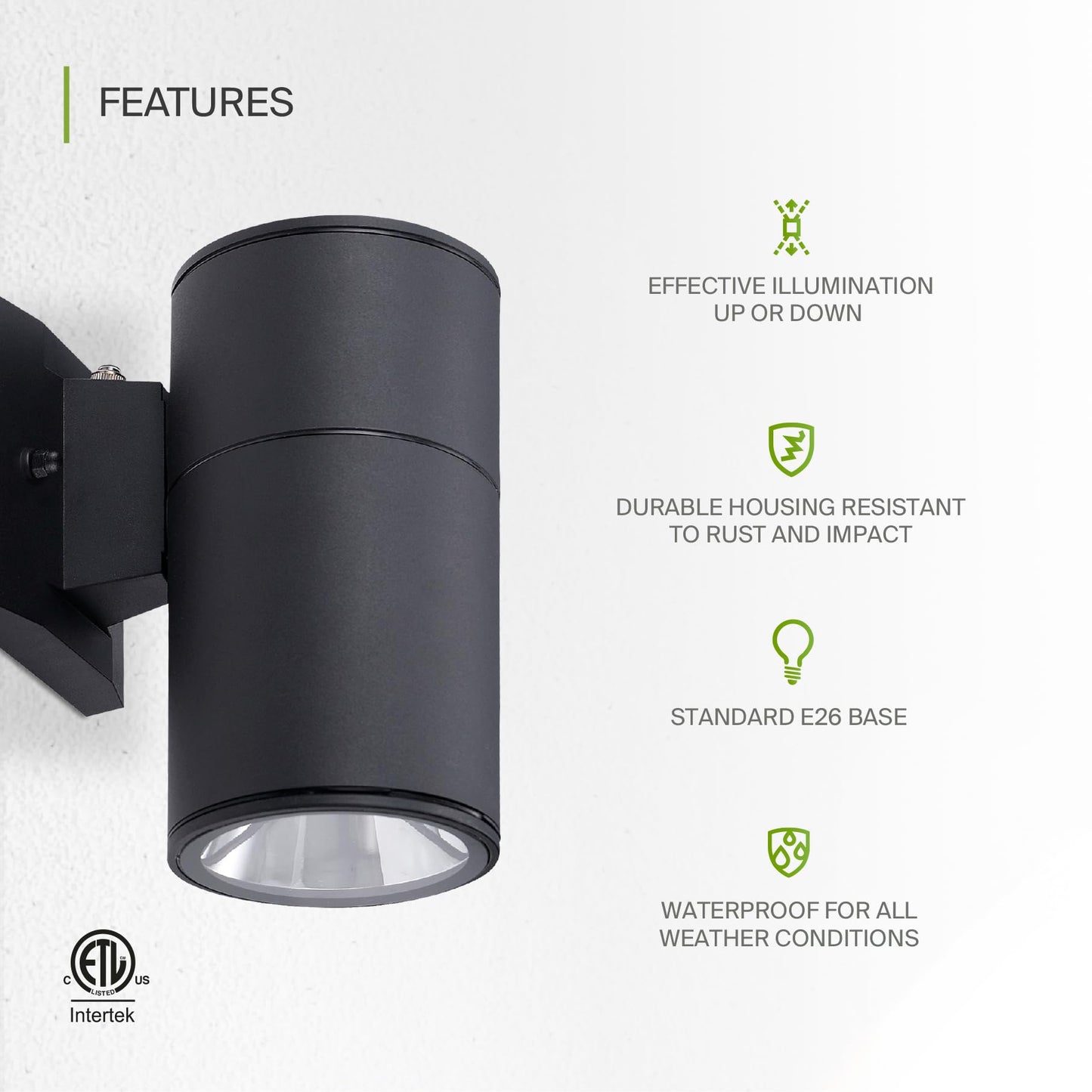 Asd 1-Way Round Cylinder Wall Light Fixture, Photocell, 60W E26, Waterproof, Black, Model A-Oclr-1Apc-Bk
