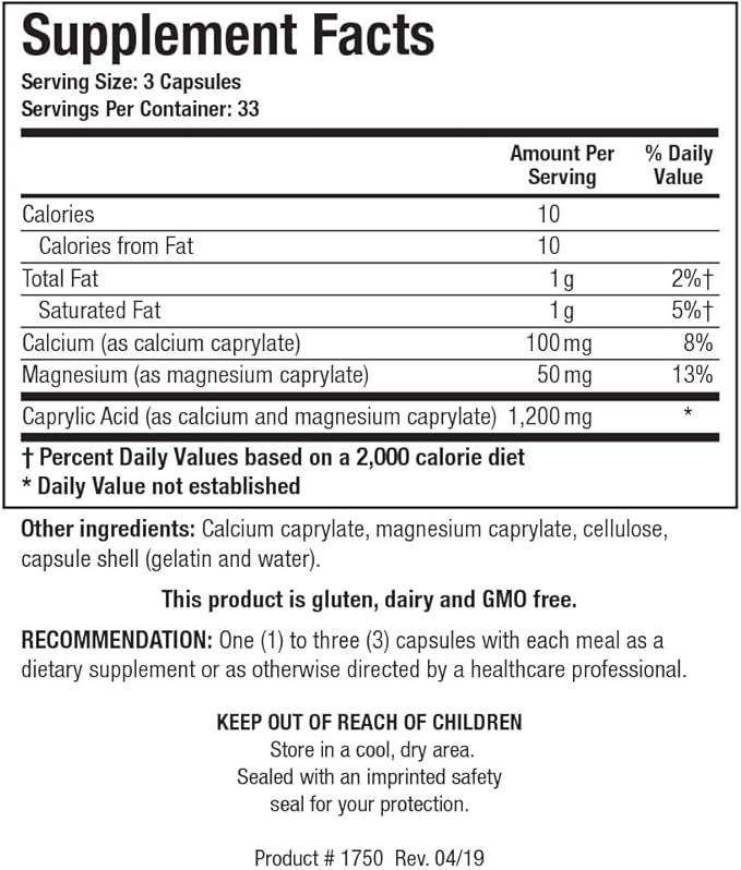 Biotics Research Caprin Caprylic Acid 1200 Milligram Serving, Gastrointestinal Support, Calcium, Magnesium Added, Aids in Gut Microbial Balance 100 Capsules