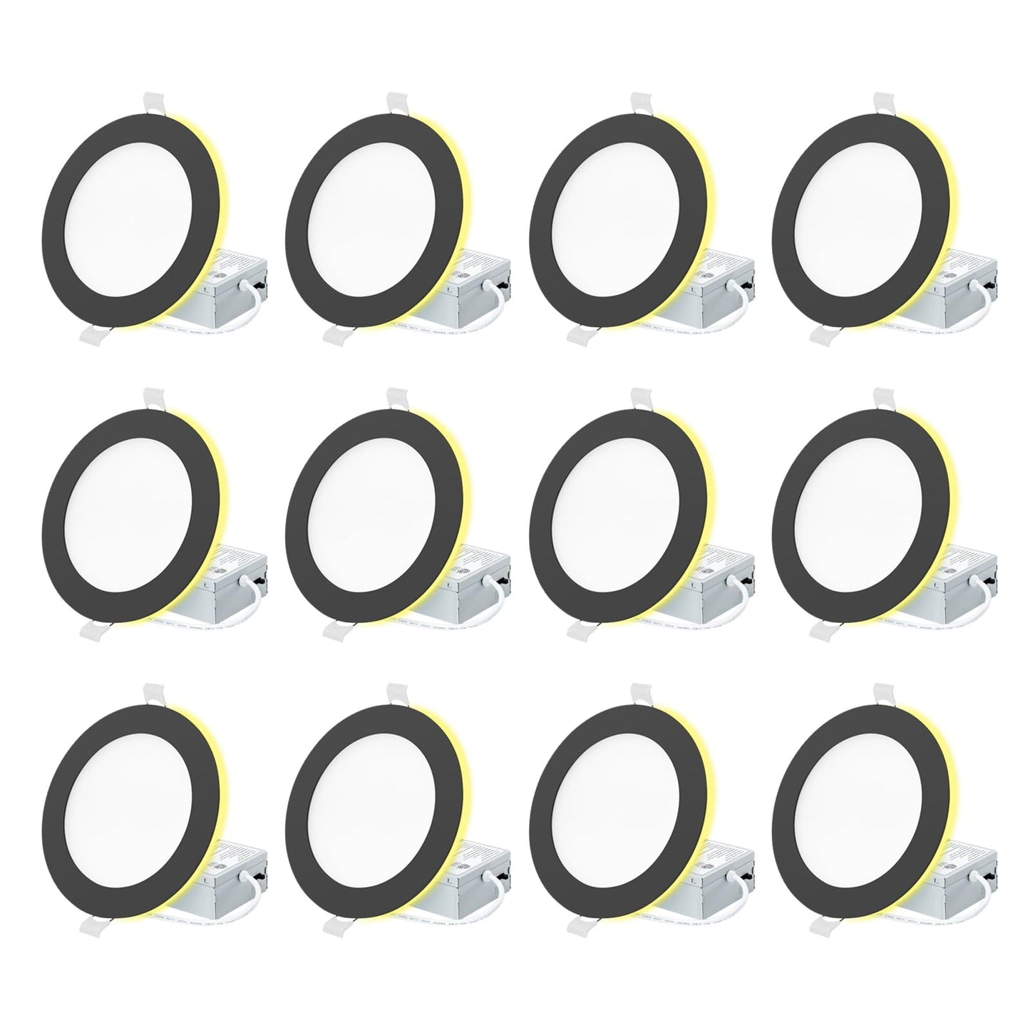 Eosmile 12 Pack  Black Recessed Lighting With 4 Inch Night Light Canless Ultra Thin Wafer Downlight Pot Indoor Exterior Soffit 2700K-5000K Selectable  9W  120V  750Lm  Dimmable  Etl Fcc