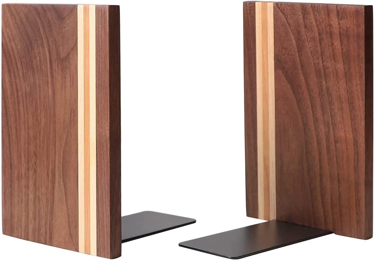 Muso Wood Artist Bookends, Decorative Bookshelf Book Ends Heavy Duty Bookends Desktop Organize Books Wooden Book Ends for Home Office Kitchen 6"x4" (Walnut)