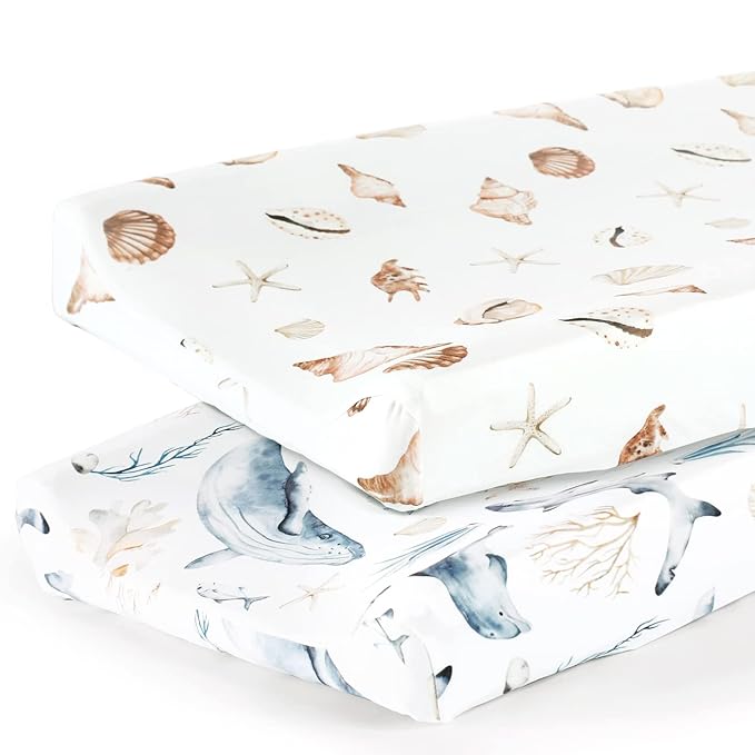 GRSSDER Stretch Ultra Soft Jersey Knit Changing Pad Cover Set 2 Pack,Change Table Pad Covers Fit 32"/34" x 16" Pads Safe and Snug,Stylish Cute Whale Sea Worl for Baby