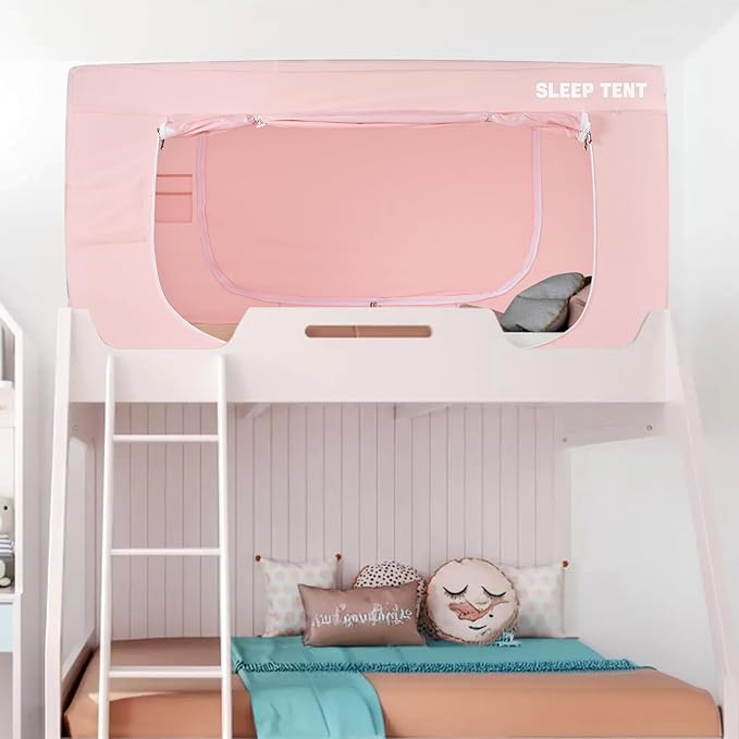 BORNA Bed Tent Bunk Twin Bed Canopy for Indoor Portable Light Reducing Sleeping Canopy for Kids and Adult,Bunk Blackout Tents Breathable Privacy Space Tent Mosquito Netting for Bed(Macaron Pink)