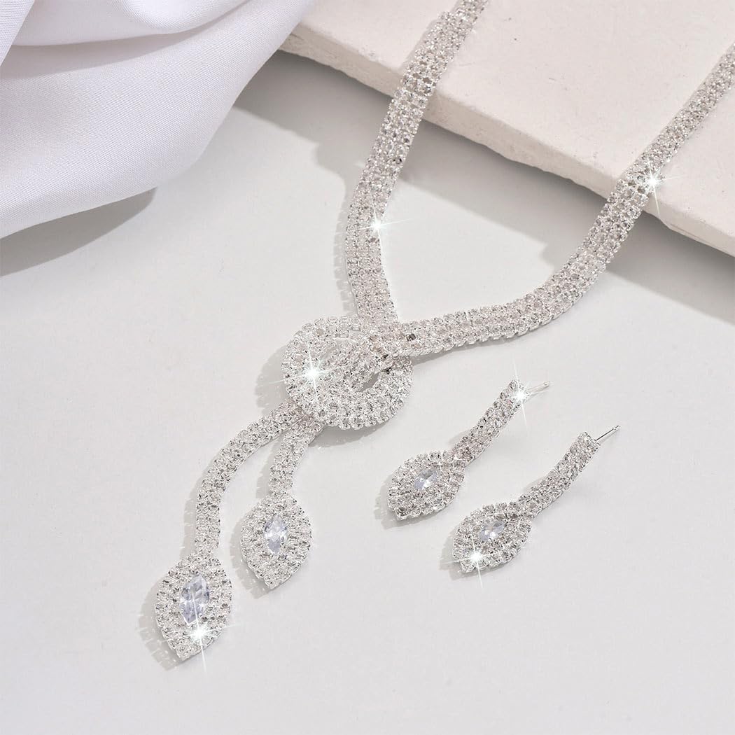 Unicra Silver Rhinestone Bridal Wedding Jewelry Set Crystal Necklace Earrings Sets Formal Prom Costume Jewelry Sets for Women an
