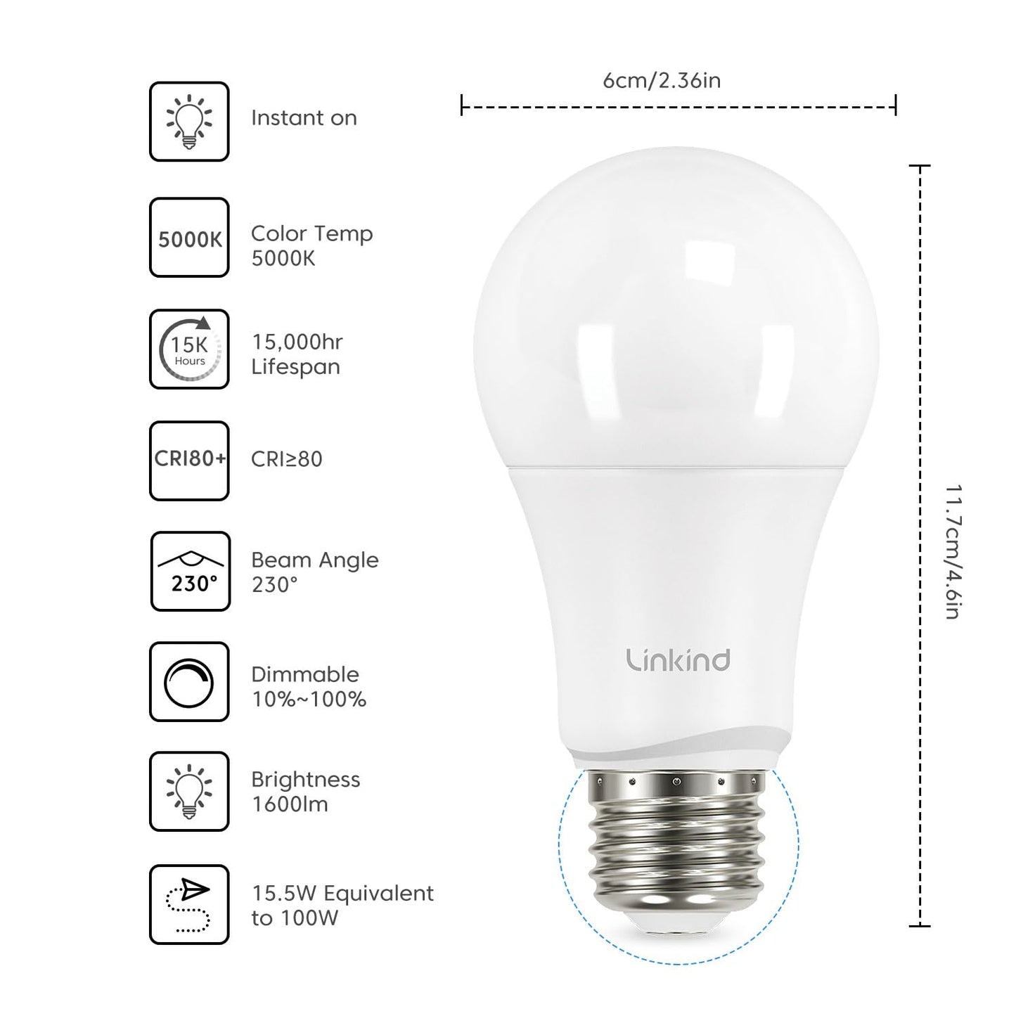 Linkind Dimmable A19 Led Light Bulbs, 100W Equivalent, 5000K Daylight, Pack Of 6, E26 Base, 1600 Lumens, Ul Listed