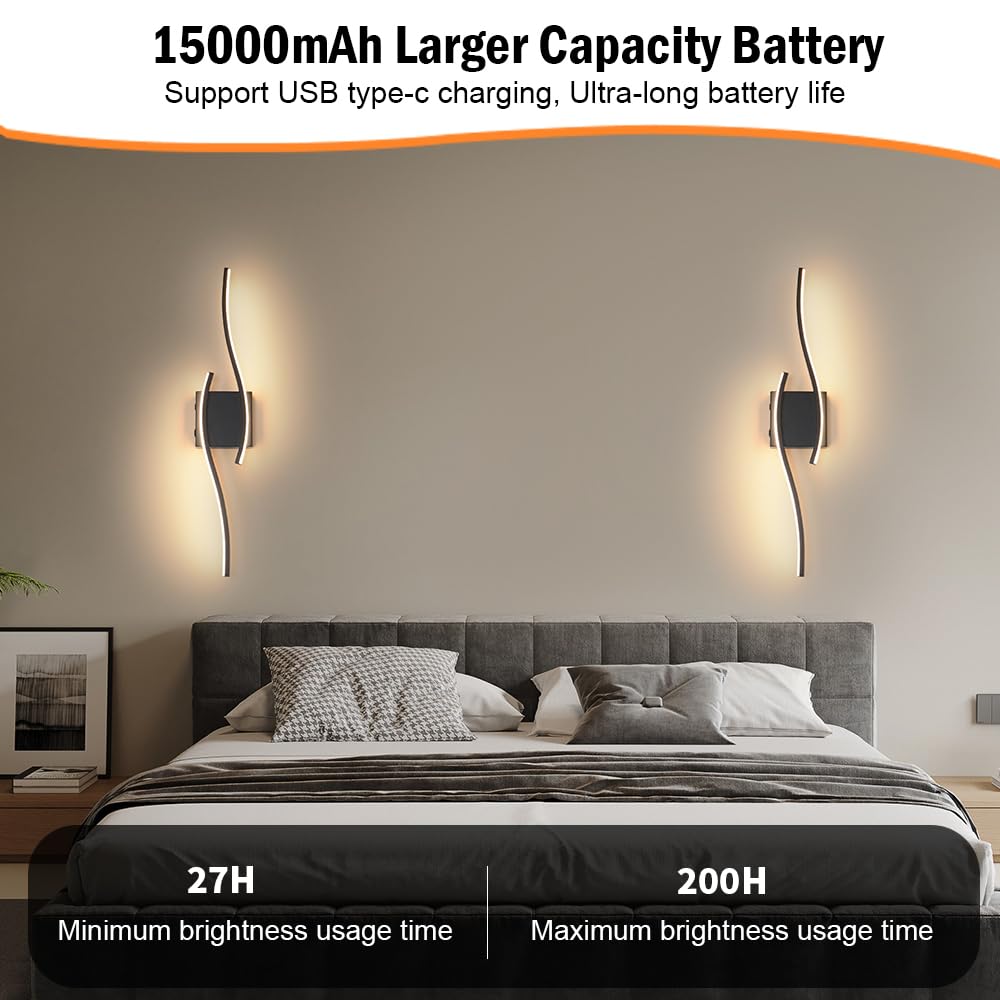 Daunton Modern Battery Operated Wall Sconce Set Of 2  Black Dimmable Led Wall Light With Remote Control  3Cct Adjustable  Timer& Memory Function  Wireless Wall Light For Tv Wall Living Room Bedroom