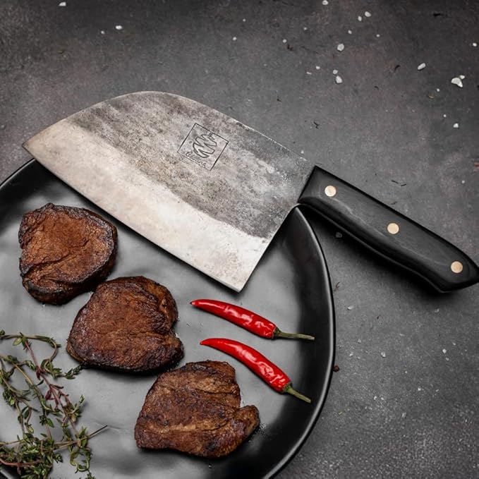 3-Piece Hand-Forged Carbon Steel Kitchen, BBQ Knives – Full Tang Cleaver, Butcher and Cooking Knives