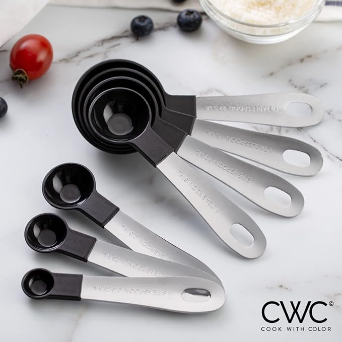 COOK WITH COLOR Measuring Cups Set and Measuring Spoon Set, Stainless Steel Handles, Nesting Kitchen Measuring Set, Liquid Measuring Cup Set, 12 PC Stainless Steel, Black