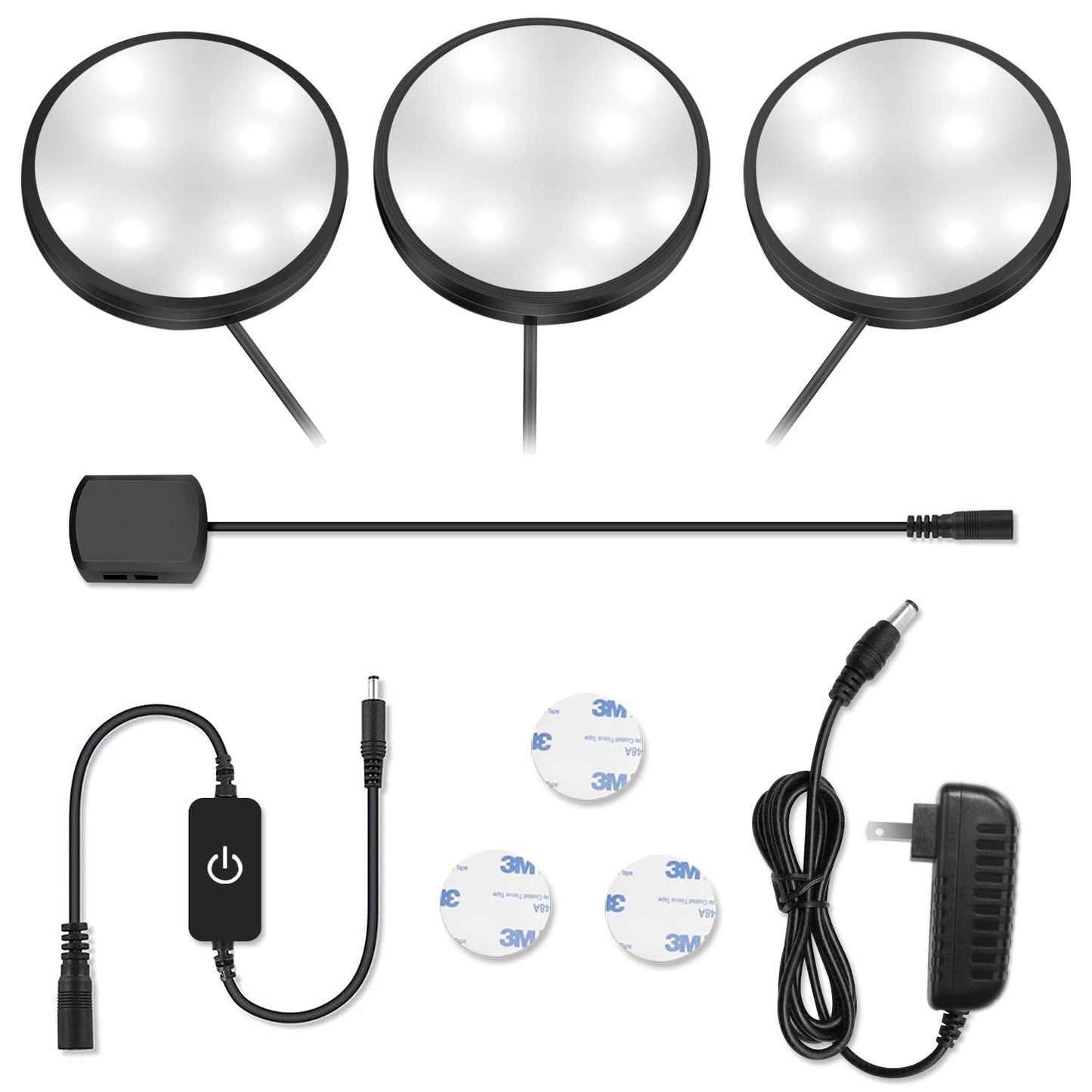 YGS-Tech LED Puck Light Kit, 1020 Lumens, 5000K Daylight White, Aluminum, 3 Pack, Black Trim