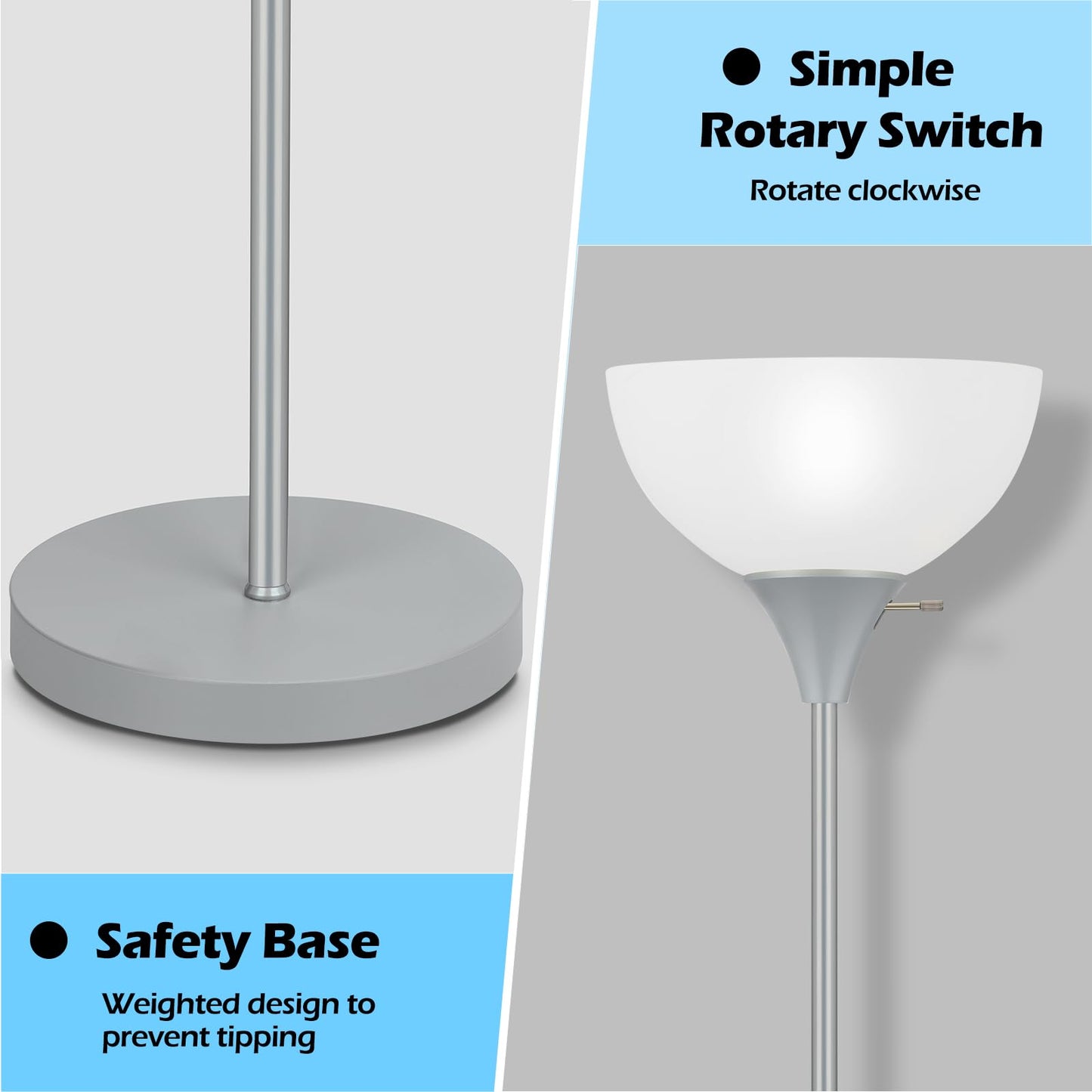 Coucrek Floor Lamp  Led Standing Lamps With White Plastic Shade  Corner Floor Lights For Living Room Bedroom  Rotary Switch  Bulb Not Included  Grey