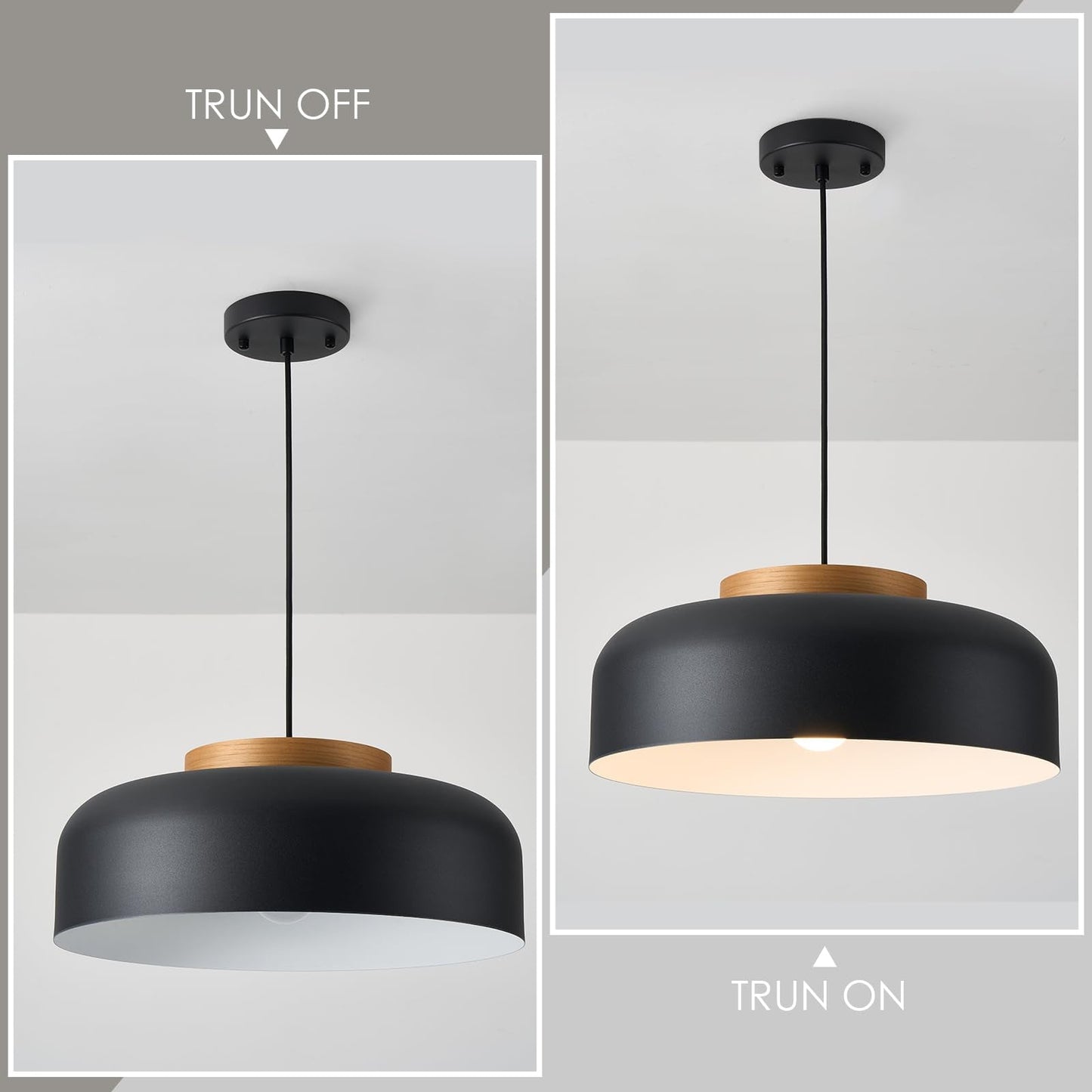 Modern Large Pendant Light Fixture  17.7 Inch Natural Wood Cap  Matte Black Finish  Simple Pendant Lighting For Kitchen Island  Dining Room  Table