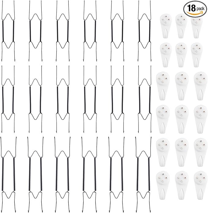 Bilillo 18-Piece Stainless Steel Wall Plate Hangers, 10/12/14 Inch Invisible Decorative Wire Plate Holders with 18 Pieces Wall Hooks for 8 to 16 Inch (Black)