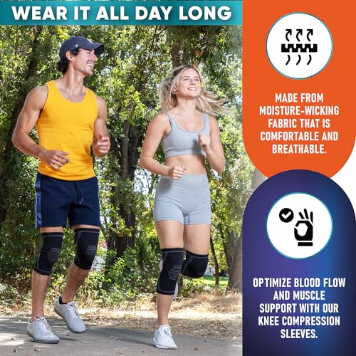 Knee Brace for Pain Relief - 2 Pack Knee Sleeves for Men and Women - Support for Weightlifting, Gym, Workout, Volleyball -...