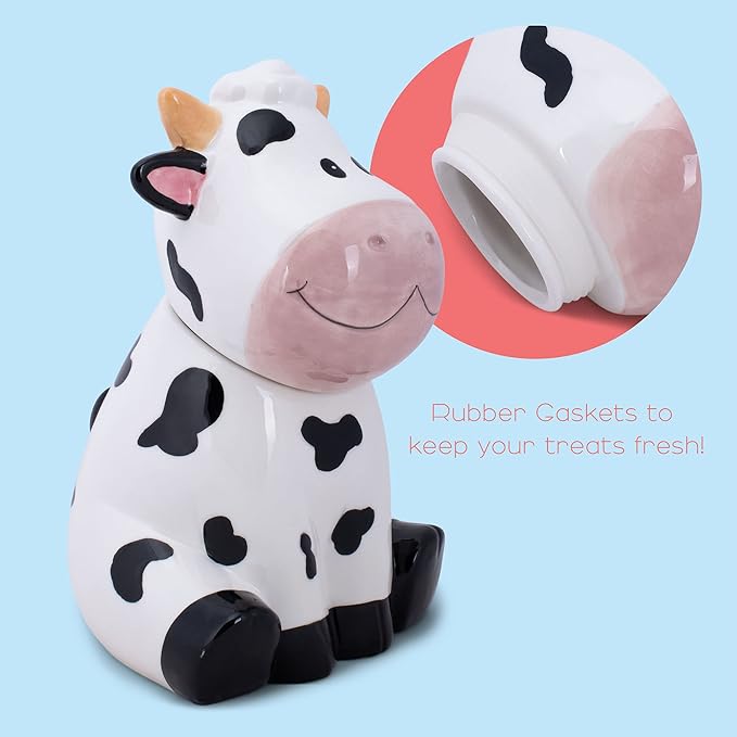 Dolomite Ceramic 10.5 x 7.1 Everyday Cookie & Candy Jar with Airtight Lid: Perfect for Kitchen Canisters, Pet Treat Containers & Decorative Farmhouse Storage, Cute Spotted Cow