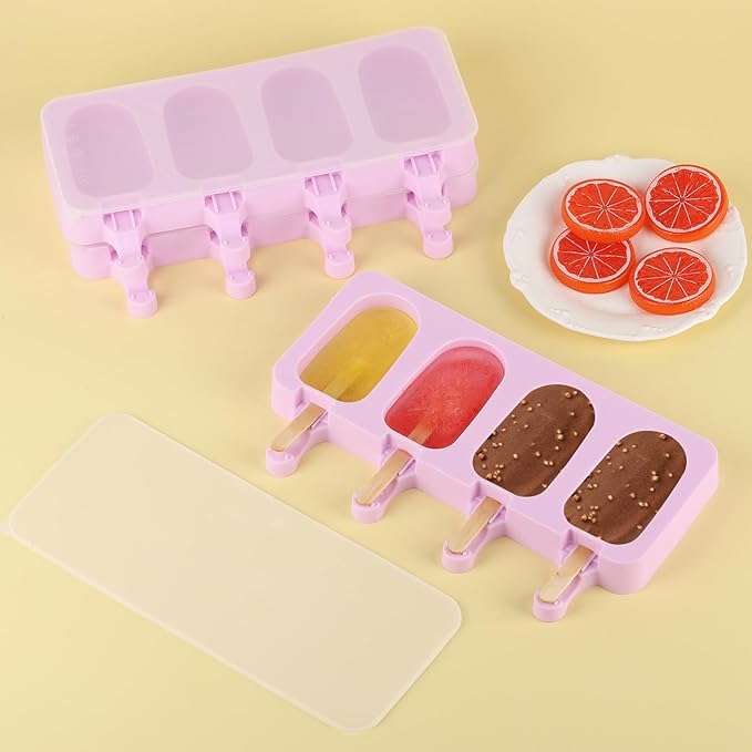 3 Set Violet Samll Popsicles Molds with Lids and 100 Pieces Wooden Popsicles Sticks, 4 Cavities Silicone Ice Cream Molds for Making Cakesicles, Cake Pops, Ice Cream - BPA Free