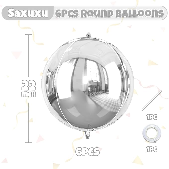 Giant 4D Foil Balloons, 6Pcs Large Metallic Silver Round Balloons, 22 Inch Big Round Foil Balloon for Silver Birthday Party Baby Shower Wedding Decorations