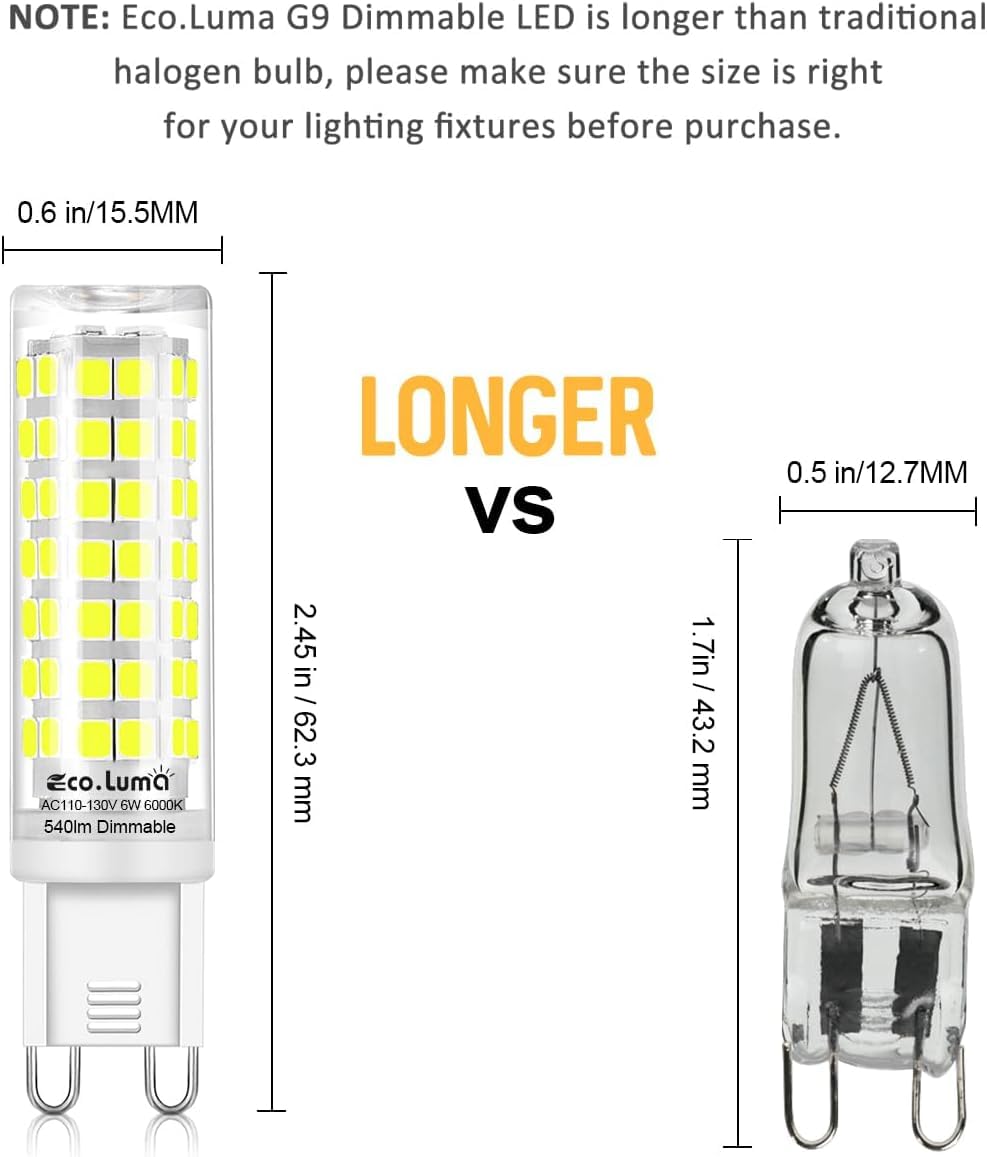 Eco.Luma G9 Led Bulb  50W-60W Equivalent  5000K Cool White Dimmable  Efficient 6W  540 Lumens  G9 Bi-Pin Base T4 Led Light Bulbs For Indoor Lighting Replacement (Cool White  6 Pack)