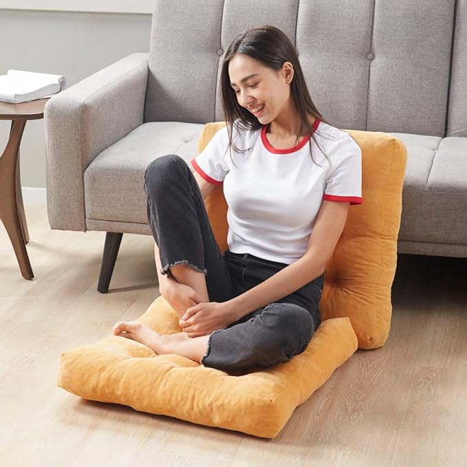 Degrees of Comfort Meditation Floor Pillow, Square Large Pillows Seating for Adults, Tufted Corduroy Cushion for Living Room Tatami, Orange Yellow 22x22 Inch