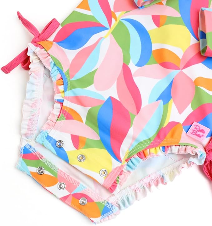 RuffleButts Baby Girls UPF 50+ Sun Protection Novelty Print Long Sleeve One Piece Rash Guard Swimsuit with Zipper