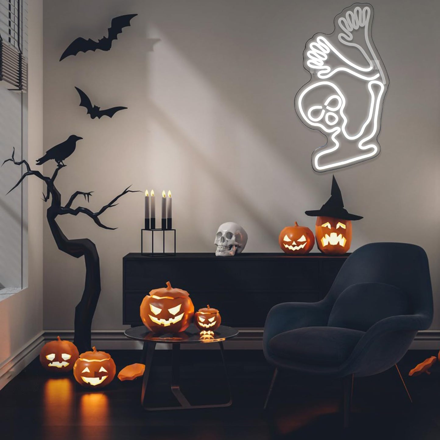 WLHOPE Skull Neon Sign - White LED Acrylic Wall Decor, Halloween Light, Model LL-skull-white