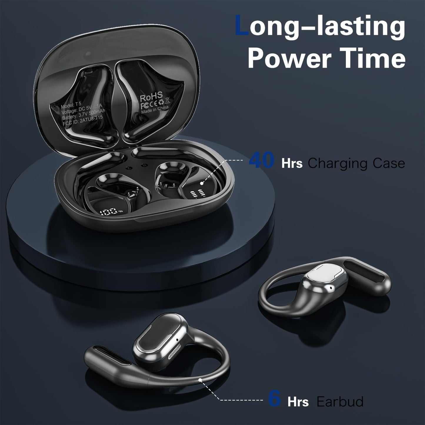 Byobyc Bluetooth 5.4 Headphones True Wireless Stereo Earbuds 40H Playtime LED Power Display Earphones with lPX5 Waterproof Open Ear Buds for Sporting, Working, Studying Black
