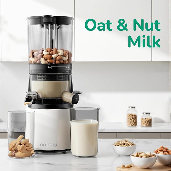 Canoly C16 Cold Press Juicer, with a 6" Wide Chute & Self-Precut, 3-in-1 Strainers (Juice & Sorbet & Nut Milk), BPA-Free Construction, Powered by a AC Brushless Motor (Pearl White)