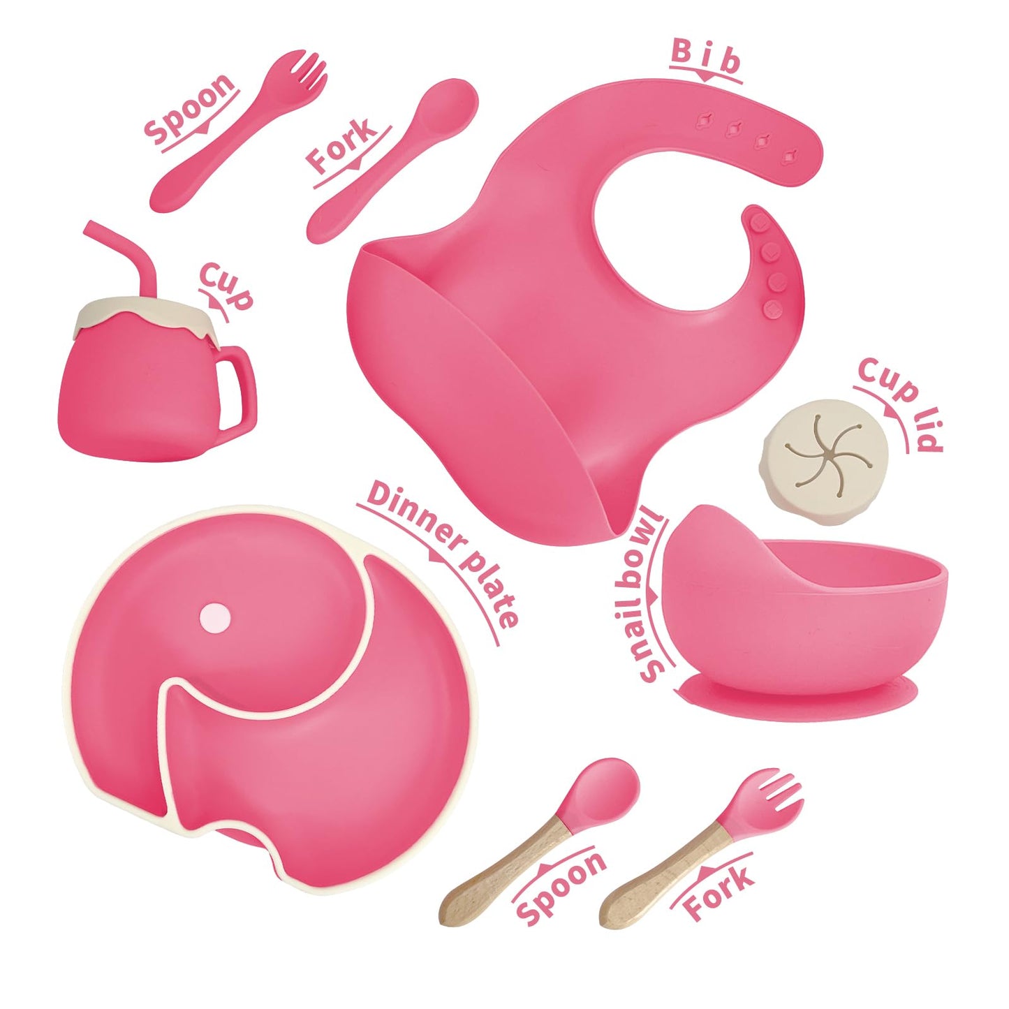 ARCASA Silicone Feeding Set, 9 Pcs Plates and Utensils, Includes Placemat, Suction Plate, Bowl, Adjustable Bib, Sippy Cup, Fork, Spoon for Babies 6+ Months (Pink)