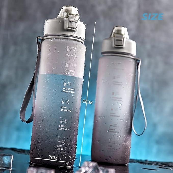 DEARART 32oz Grey Multicolor Water Bottle, Detachable Straw Wide Mouth Motivational & Time Marker with Handle Easy Carried, Suit Travel Office Yoga Gym School Work etc.