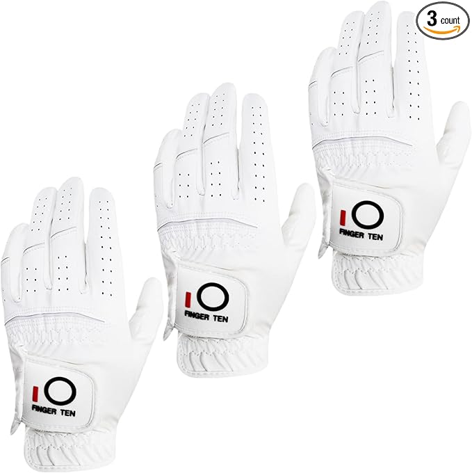 FINGER TEN All Weather Grip Golf Gloves Men Value 3 Pack for Right Handed Golfer, Hot Wet Rain Grip & Comfort Soft Glove f...