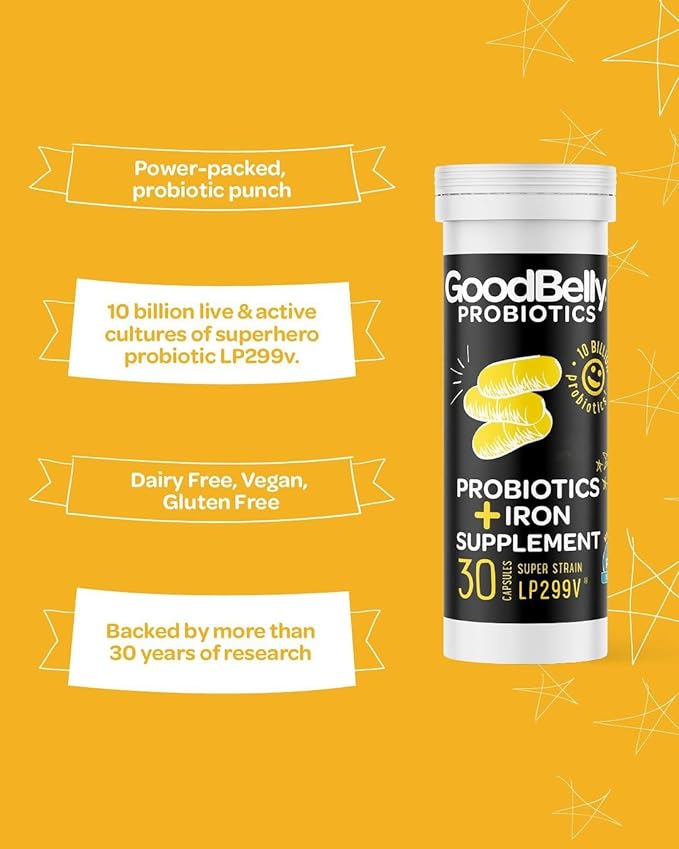 GoodBelly Probiotic Capsules for Digestive Health & Iron Absorption | Vegan Probiotic Supplement with 10 Billion Live Cultures | Probiotics for Women & Men | 30 Capsules
